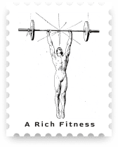 A Rich Fitness Website Development case study stamp for this education and coaching brand, styled as a postage stamp with a vintage engraved illustration of an athlete hanging from a barbell held overhead.