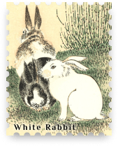 A White Rabbit Email & SMS case study stamp styled as a postage stamp, featuring a vintage Japanese painting of a white rabbit beside two darker rabbits in grass, branding for the New York tattoo studio.