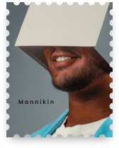 A Mannikin Paid Ads case study stamp styled as a postage stamp, showing a smiling man whose eyes are hidden by a tilted white box, a surreal arts and media visual for the Mannikin brand.