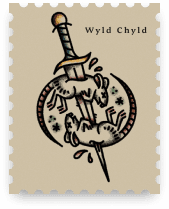 A Wyld Chyld Tattoos Website Development case study stamp styled as a postage stamp, showing a traditional tattoo flash design of a dagger piercing two rats curled in a circle, reflecting the studio's classic tattoo style.