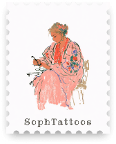 A SophTattoos Paid Ads case study stamp styled as a postage stamp, featuring a soft watercolor illustration of a woman in a floral pink robe, evoking the delicate artistry of the tattoo studio.