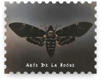 An Arte De La Noche Paid Ads case study stamp styled as a postage stamp, featuring a death's head hawkmoth on a smoky dark background, setting the moody tone of this tattoo studio's brand.