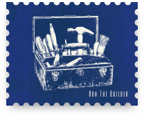 A Bon The Builder Website Development case study stamp styled as a blue postage stamp, featuring a white engraved illustration of an open toolbox filled with a hammer, saws and brushes, reflecting the professional services brand.